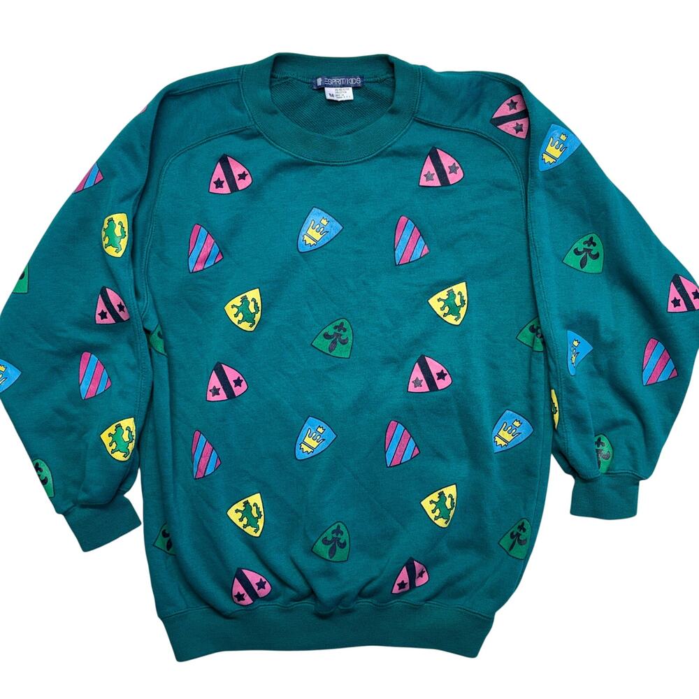 Vintage Esprit Kids Sweatshirt Medium Green Crest All Over Print Pullover Taiwan